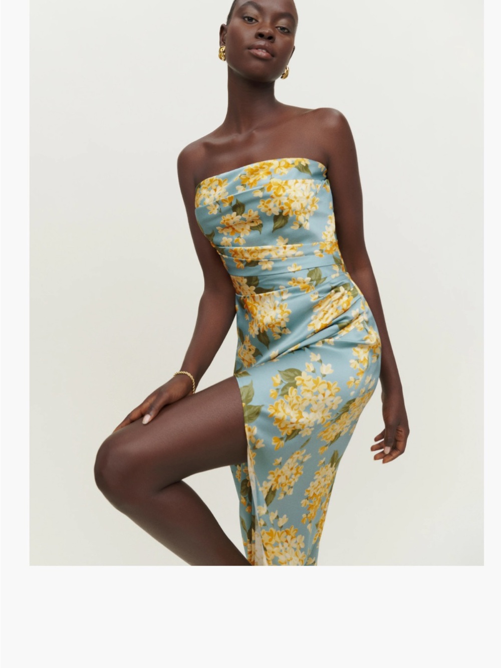 Reformation Barrow Silk Strapless Floral Midi Dress in Blue and Yellow.